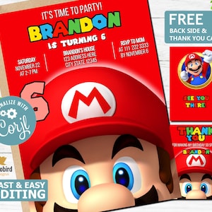 マリオ招待状 | スーパーマリオ誕生日招待状 | スーパーブラザーズボーイ招待状 | 子供招待状 | 編集可能なテンプレート | 印刷可能な招待状