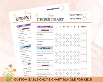 May include: Two chore charts with a pastel color scheme. The charts include sections for daily chores, with spaces to track points. Text includes "Daily Chores," "Morning," "Afternoon," and "Evening." The bottom of the image reads "CUSTOMIZABLE CHORE CHART BUNDLE FOR KIDS!"