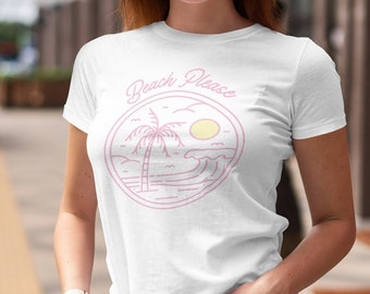 Beach Please minimalistisch T-shirt met palmboom en golf, uniseks