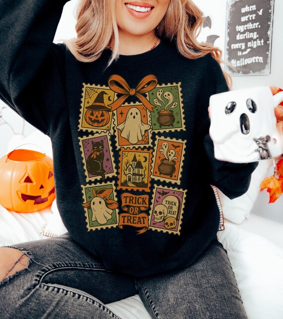 Vintage Stamps Halloween Sweatshirt, Stamps Fall Sweatshirt