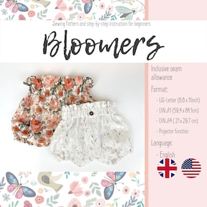 Könnte beinhalten: Ein Schnittmuster für Bloomers mit einem Blumenmuster und einem weißen Druck. Das Schnittmuster enthält Anleitungen für Anfänger und ist in den Formaten US Letter, DIN A1, DIN A4 und Projektor erhältlich. Das Schnittmuster ist in englischer Sprache verfügbar.