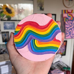 Mini rainbow pride textured painting, 4x4 in w/ mini easel