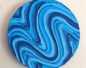 Arte de pared texturizado azul y escandinavo, arte de yeso colorido sobre lienzo circular (20 x 20 cm)