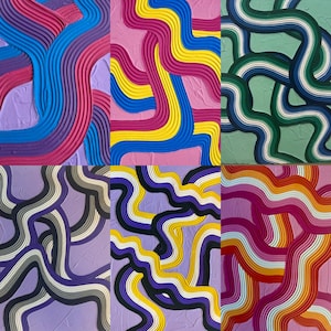 May include: Six abstract paintings with textured surfaces. Each features a unique design of colorful, wavy lines. The color palettes include combinations of pink, blue, yellow, green, purple, and white, creating a vibrant and dynamic visual effect.