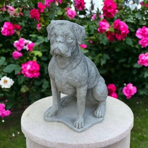 Sitting Boxer dog statue Concrete Boxer dog figure Massive Boxer memorial on base sculpture Detailed yard dog grave marker