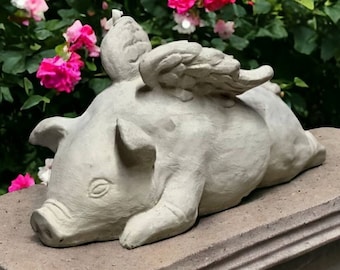 Concrete laying pig with wings statue When pig can fly sculpture Farm yard art Funny decor for porch or garden