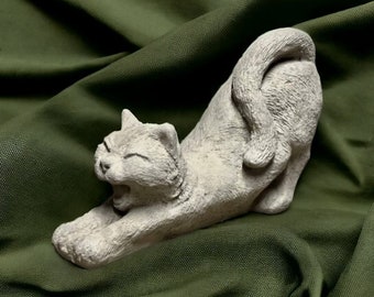 Stretching cat statue Concrete kitten figure Detailed cat sculpture