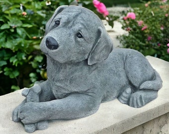 Laying puppy with bone statue Outdoor puppy sculpture Concrete dog grave marker Pet lovers gift