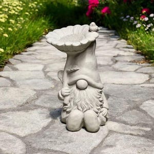 Large gnome sitting under flower statue Masssive gnome sculpure Fairy garden decoration Outdoor dwarf concrete figure
