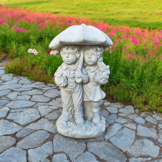 Kids Under Umbrella Statue Boy and Girl Under Rain Sculpture