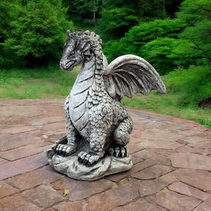 Garden dragon figure Concrete dragon yard statue Outdoor Asian decoration Sitting dragon sculpture Fantasy animal figurine Gothic ornament