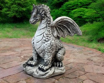 Garden dragon figure Concrete dragon yard statue Outdoor Asian decoration Sitting dragon sculpture Fantasy animal figurine Gothic ornament