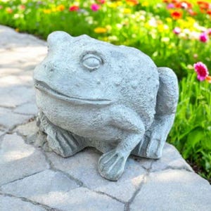 May include: A gray concrete frog statue with a textured surface. The frog is sitting on a gray stone path with green grass and flowers in the background.