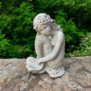 Detailed mermaid sitting on shell statue Concrete mermaid sculpture Detailed mermaid figurine Outdoor garden decoration