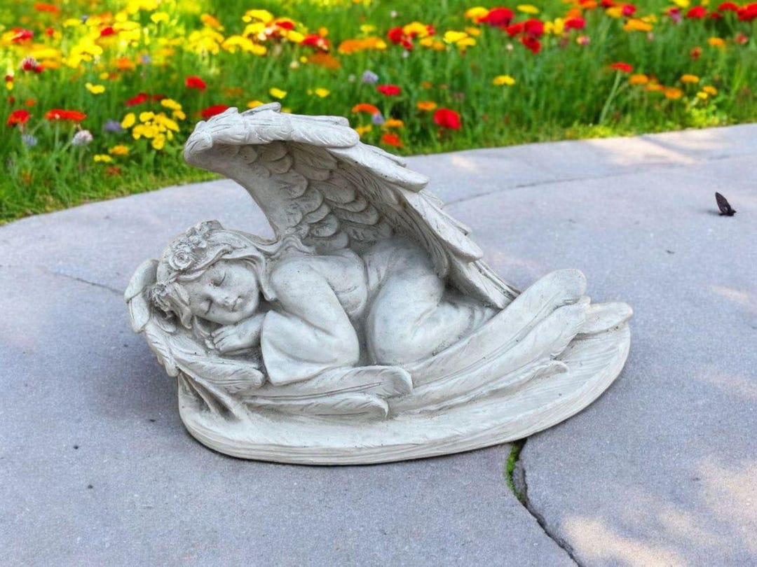 Facing Left Angel Figure Cherub Sleeping in Big Wings Religious Garden ...