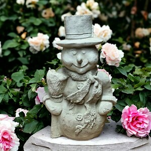 Detailed small snowman figure Concrete snowman sculpture Garden cozy figurine Outdoor winter decorations
