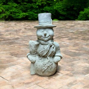 Winter snowman style decoration Concrete snowman figure Detailed snowman in hat holding broom statue for yard Cement sculpture for gift