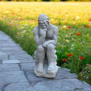 Extra large Bigfoot sitting on rock figure Massive Bigfoot thinking sculpture Stone art Fairy garden decoration Winter man decor Snowman art
