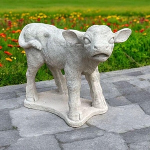 Standing cow on base statue Massive calf sculpture Detailed farmhouse animal Concrete cow Baby calf figure