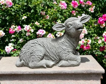 Laying lamb figure Resting sheep figurine Outdoor farm animal sculpture Looking up sheep decor
