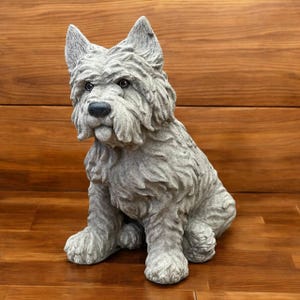 Scottie dog figure Cement detailed dog sculpure Backyard memorial statue Dog loss statuary Open mouth Scottie dog Dog grave
