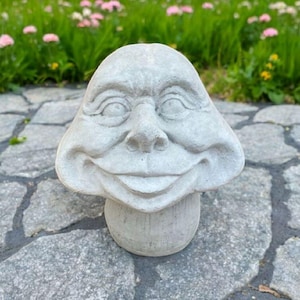Face with tongue out statue Standing mushroom figure Concrete face figurine Fairy garden statuary