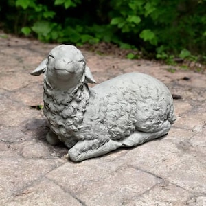 Laying lamb sculpture Looking up sheep figurine Concrete farm figure Detailed lamb Farm garden decoration