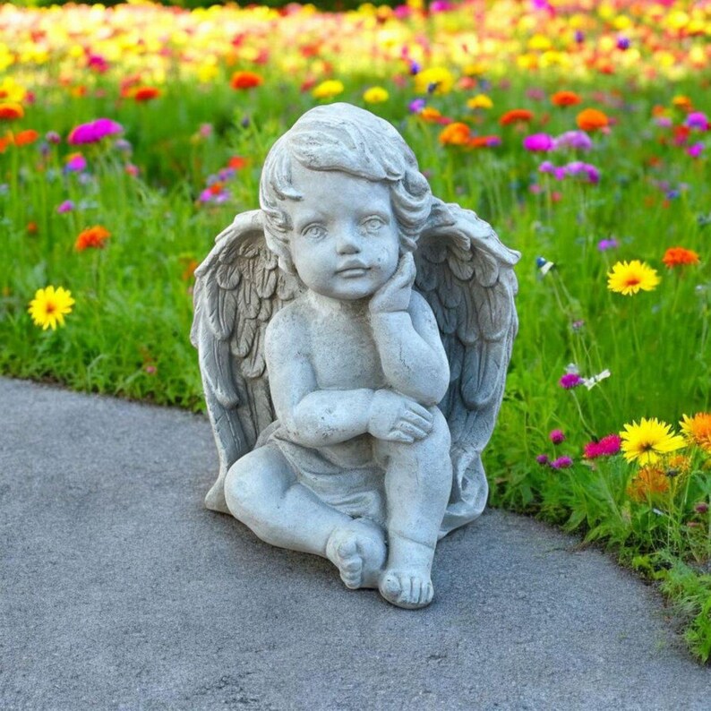 Precious Cherub Sculpture Sitting Baby Angel Figurine Outdoor Cement ...