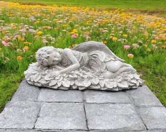 Sleeping Pixie girl figure Concrete Pixie sculpture Laying Pixie on ivy bed statue Cement girl