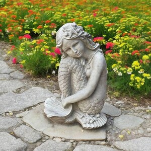 Concrete mermaid sitting on rock figure Fairy garden decoration Outdoor yard art Cement mermaid statue Massive mermaid sculpture