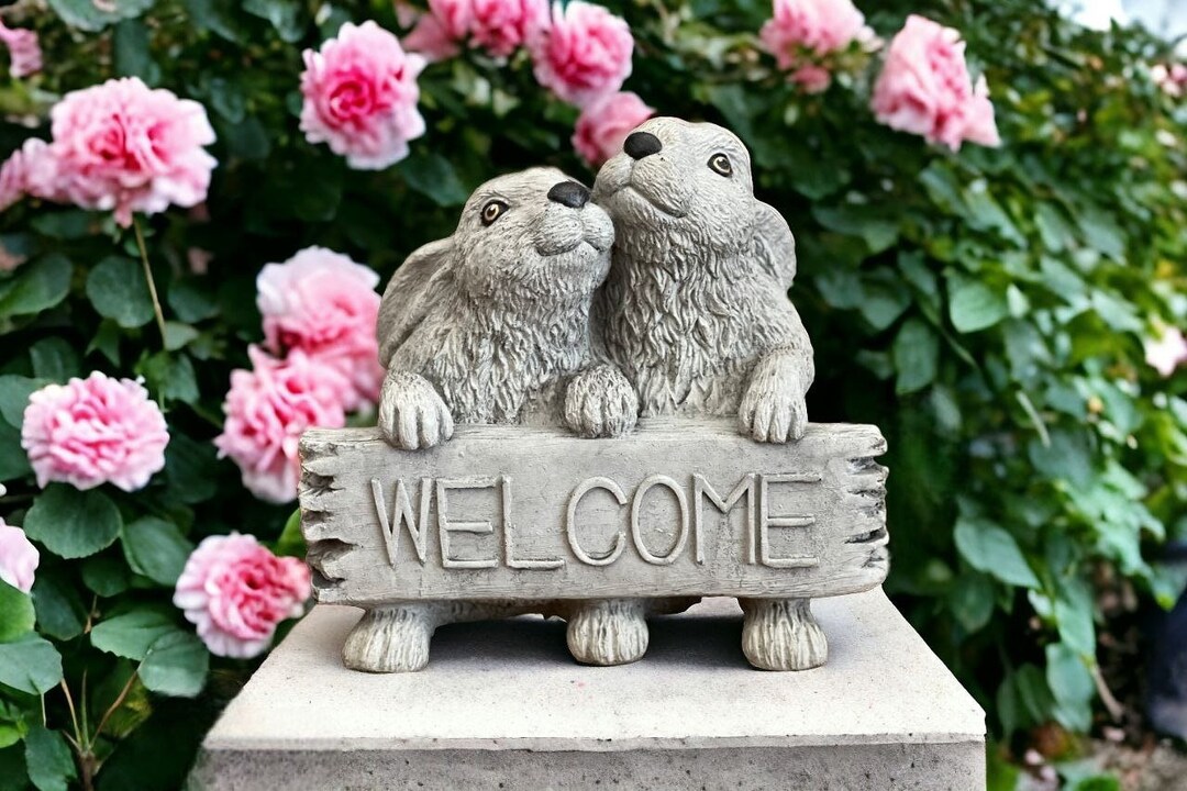Welcome June Rabbit Rabbits Welcome Figure Front Door Welcome Statue Concrete Two Bunnies ...
