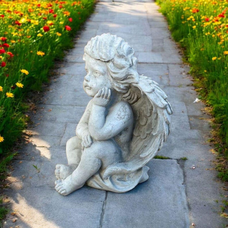 Precious Cherub Sculpture Sitting Baby Angel Figurine Outdoor Cement ...