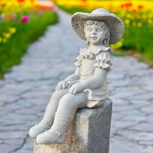 Girl sitting without pedestal figure Concrete kid sculpture Large girl statuary Cement backyard art Children memorial lawn statue