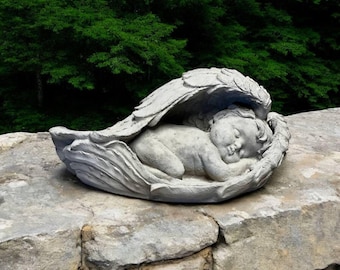Baby in wings statue Laying cherub figurine Concrete cherub boy sculpture Angel figure Outdoor or indoor garden decoration