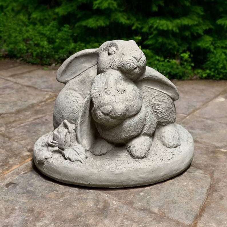 Two Rabbits on Base Figure Flower Bunnies Hugging Sculpture Concrete ...