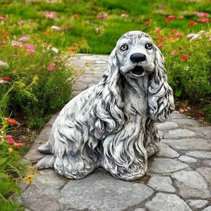 Open mouth Cocker spaniel figure Dog memorial stone sculpture Sitting Cocker spaniel puppy Stone dog grave Outdoor pet grave