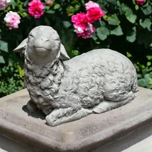Laying lamb figure Resting baby lamb sculpture Looking up statue Farm animal decoration