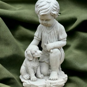Concrete boy with dog statue Massive boy figure Outdoor garden backyard or patio sculpture