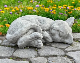 Curled up on side cat figure Laying cat figurine Stone pet sculpture Concrete kitten statue Stone memorial gift