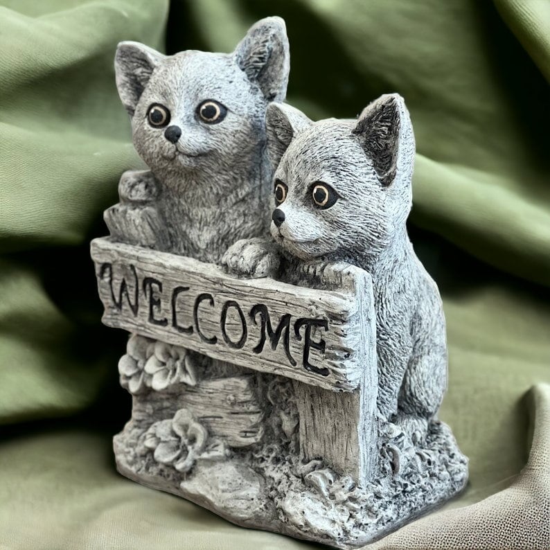Concrete Welcome Sign With Two Kittens Outdoor Welcoming Cats Statue ...