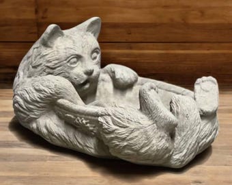 Laying cat on base statue Concrete cat bowl sculpture Detailed cat drinker figure Outdoor birds bath Pot for pets Patio bowl