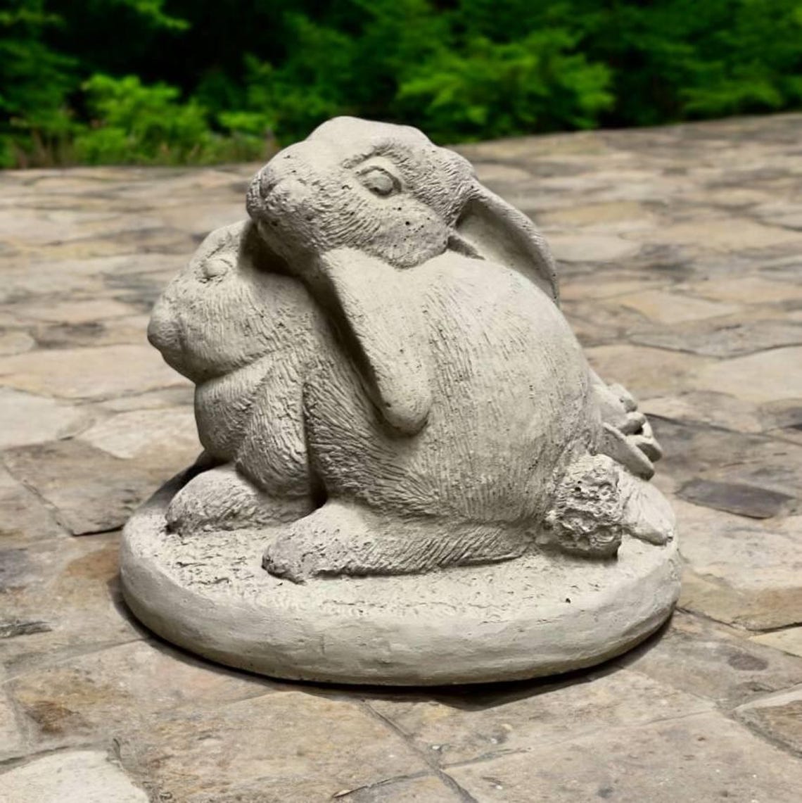 Two Rabbits on Base Figure Flower Bunnies Hugging Sculpture Concrete ...