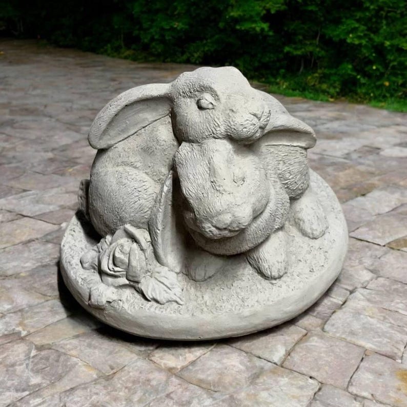 Two Rabbits on Base Figure Flower Bunnies Hugging Sculpture Concrete ...
