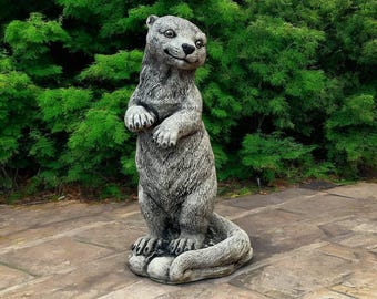 Otter standing on hind legs statue Concrete otter figure Realistic otter on stump sculpture WIld animal decoration