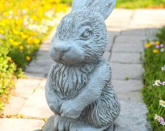 Furry rabbit statue Outdoor yard art Cement bunny sculpture for patio or garden Stone animals decoration Wild life decoration