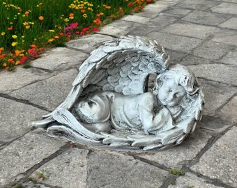 Facing right angel laying in wings figure Cherub sleeping sculpture Garden angel art Indoor religious decoration