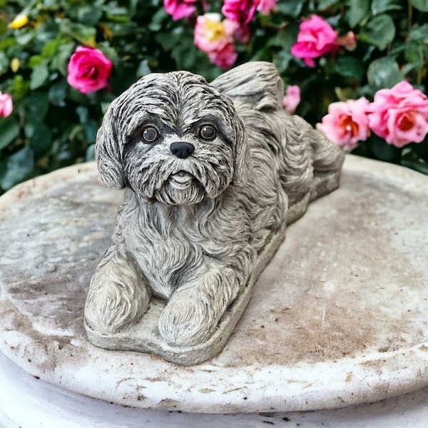 Resting Shih Tzu dog Concrete Shih Tzu puppy statue Outdoor dog memorial figure