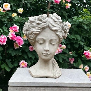 Flowers planter sculpture Head with roses pot figure Garden nymph statue Detailed head figurine
