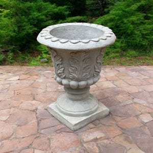 May include: A gray concrete planter with a decorative leaf design. The planter has a round top and a wide base.