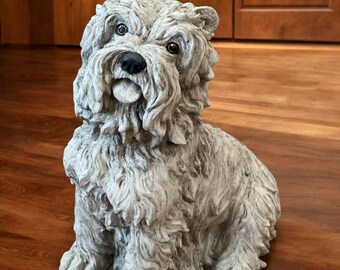 Open mouth Maltese statue Dog memorial sculpture Cement backyard figurine Pet grave Painted detailed Maltese statuary Garden pet loss gift
